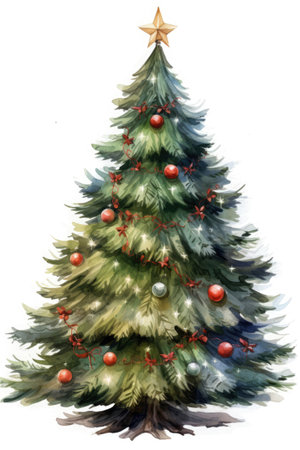 Watercolor Christmas tree illustration. Generative AI.の素材