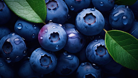 Fresh juicy blueberries with green leaves. Blueberries background. Flat lay top view. Generative AI.の素材