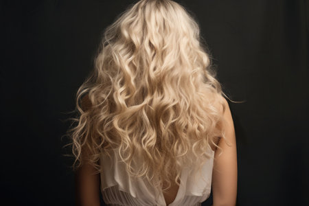 Back view young woman with long blond curly hair at back on studio background. Generative AI.の素材