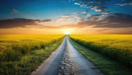 A straight dirt road leads through a beautiful field at sunset. Generative AI.の素材