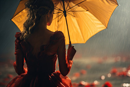 Back view of a woman in red dress with an yellow umbrella on a blurred rainy scene. Generative AI.の素材
