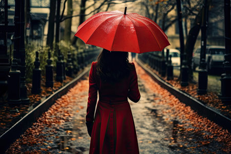 Back view of a woman in red coat with an umbrella on a blurred autumnal city street scene. Generative AI.の素材