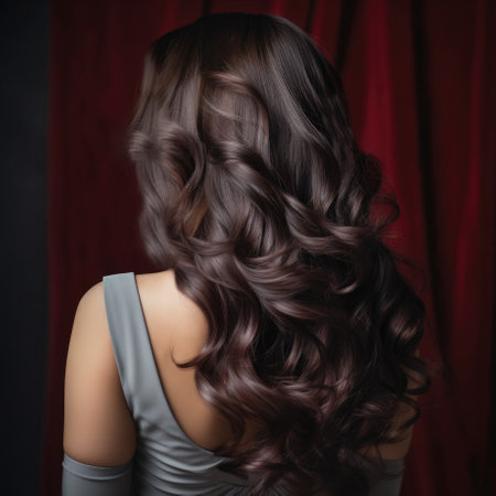 Back view woman with long black hair at back on studio dark red background. Generative AI.の素材