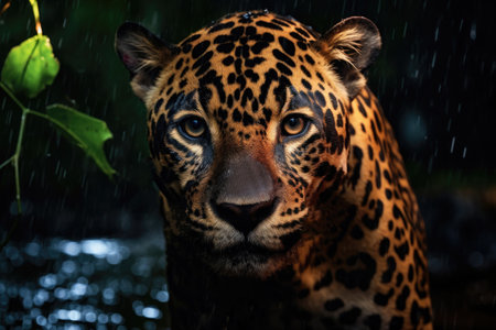 Image of a male jaguar in the jungle, fur soaked from heavy rain. Generative AI.の素材