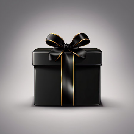 Black color gift box in realistic style with a ribbon and bow on a light gray background. Generative AI.の素材