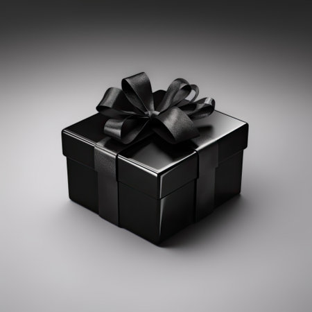 Black color gift box in realistic style with a ribbon and bow on a light gray background. Generative AI.の素材