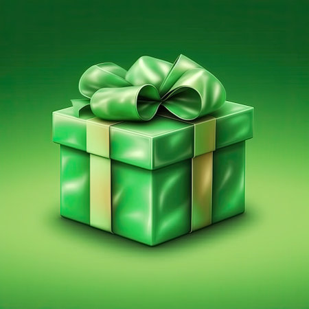 Green color gift box in realistic style with ribbon and bow on a green background. Generative AI.の素材