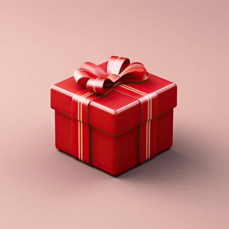 Red gift box with ribbon and bow on a light color background. Generative AI.の素材