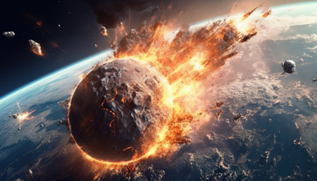 Destroying of planet by asteroid impact with huge explosion. Generative AI.の素材