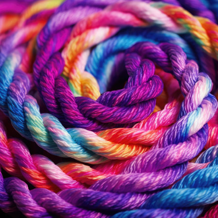 Extreme close-up colorful image of the jute rope that is wound in a spiral. Generative AI.の素材