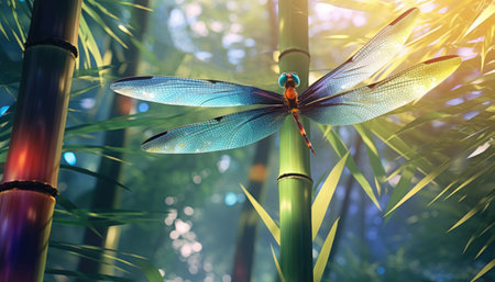 Dragonflies with iridescent wings against the bright colors of a bamboo forest. Generative AI.の素材