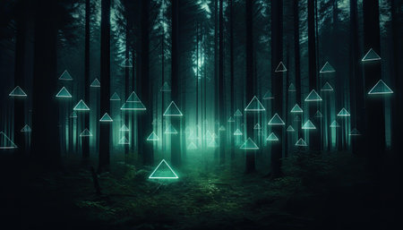 A forest filled with lots of green trees and geometric shapes with neon lights. Generative AI.の素材