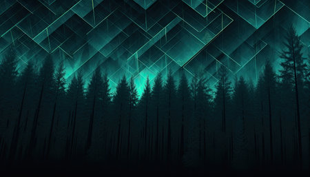 Geometric abstract shapes with green neon light on a dark night forest background. Generative AI.の素材
