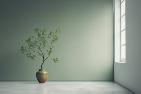 A houseplant on the floor in a room with a window and a blank concrete wall. Generative AI.の素材