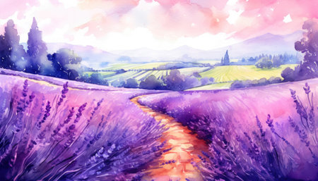 Watercolor illustration of a field with wild lavender. Generative AI.の素材