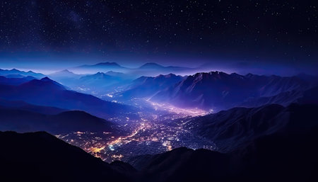 Mountain landscape with magical purple night light and starry sky. Generative AI.の素材