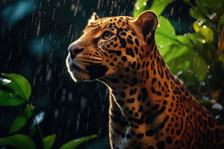 Image of a male jaguar in the jungle, fur soaked from heavy rain. Generative AI.の素材