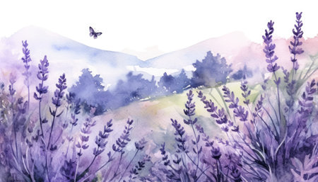 Watercolor illustration of a field with wild lavender. Generative AI.の素材