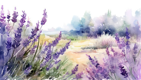 Watercolor illustration of a field with wild lavender. Generative AI.の素材