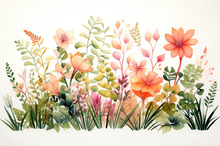 Watercolor illustration of a wild field plants and flowers in pastel colors on a white background. Generative AI.の素材