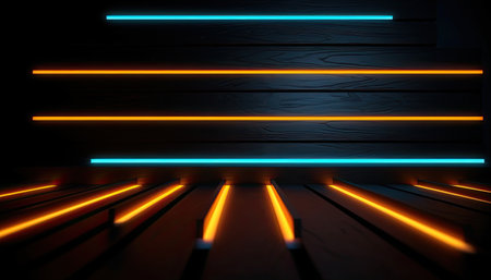 Abstract simple wood art blue and orange lines separated on a black background with glowing. Generative AI.の素材