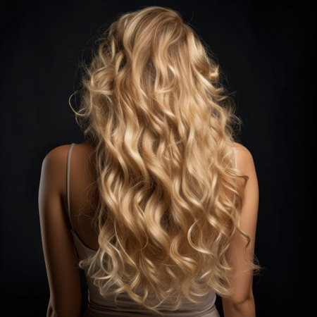 Backward front view of a beautiful long curly wavy haired blonde. Generative AI.の素材