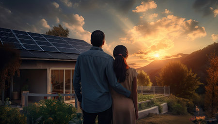 Happy couple standing near their modern, eco-friendly house equipped with solar panels on the roof, reflecting a commitment to alternative energy, saving resources, embracing a sustainable lifestyle.の素材