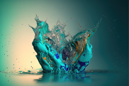 Splashing water with a colorful glow. Generative AI illustration.の素材