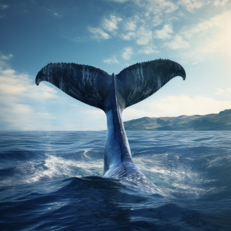 Tail of a diving great white whale in the ocean. Generative AI.の素材