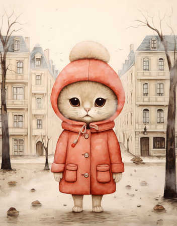 Cute, anthropomorphic cat wearing a red coat and hat, standing in a cityscape with tall buildings and bare trees. The scene has a whimsical, painted art style.の素材