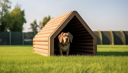 Wooden kennel with a dog inside on a green lawn. Generative AI.の素材