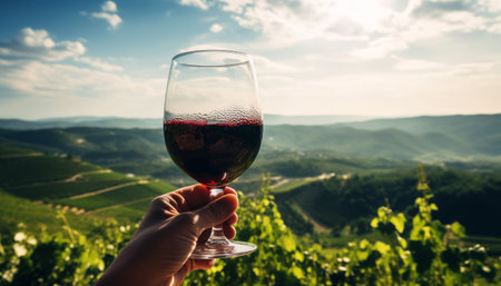 A hand holds a glass of red wine against a backdrop of a bright green vineyard in the hills. Generative AI.の素材