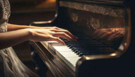 Girl paying piano side view close-up image. Generative AI.の素材