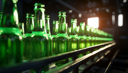 An Industrial Scene Showcasing a Row of Green Glass Bottles on a Conveyor Belt Illuminated by the Soft Glow of Window Light from Behind. Generative AI.の素材