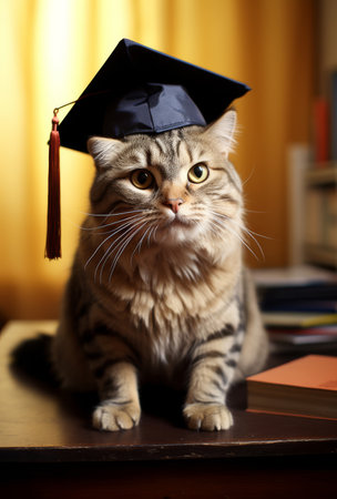 Cat with a graduation cap is sitting on a table in a room with books and papers. The background features a yellow curtain.の素材