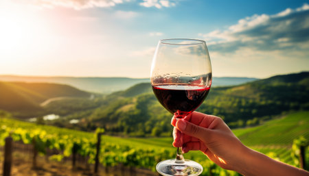 A hand holds a glass of red wine against a backdrop of a bright green vineyard in the hills. Generative AI.の素材