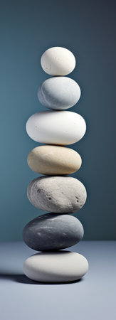 Stack of smooth stones creating a serene and balanced composition on a minimalistic background. Generative AI.の素材