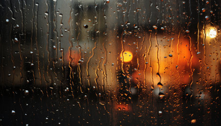 Raindrops on a window pane with blurred city lights in the background creating a cozy and intimate atmosphere. Generative AI.の素材