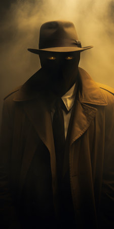 Mystery figure in a dark trench coat with glowing eyes emerging from smoke. Generative AI.