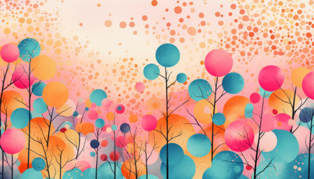 Colorful abstract landscape with vibrant circles and trees blending together in a dreamlike atmosphere. Generative AI.の素材