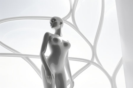 Sleek mannequin silhouette standing confidently against abstract white background with flowing curves. Generative AI.の素材