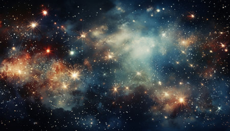 Explore the vibrant depths of space filled with twinkling stars, cosmic dust, and colorful nebula in this stunning galaxy image. Generative AI.の素材
