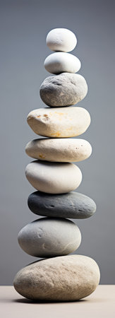 Smooth balanced stones stacked in a harmonious arrangement creating a calming and serene atmosphere for relaxation and meditation. Generative AI.の素材