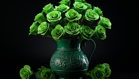 Vibrant green roses arranged beautifully in an ornate green vase against a dark background create a striking floral display. Generative AI.の素材