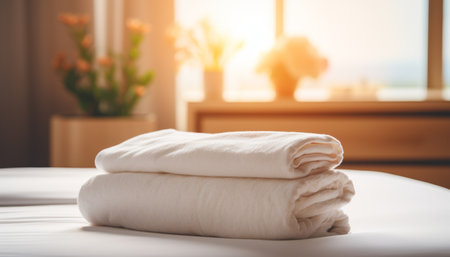 Soft white towels stacked neatly on a fresh and clean hotel bed in a cozy room with warm sunlight streaming through the window Generative AI.の素材