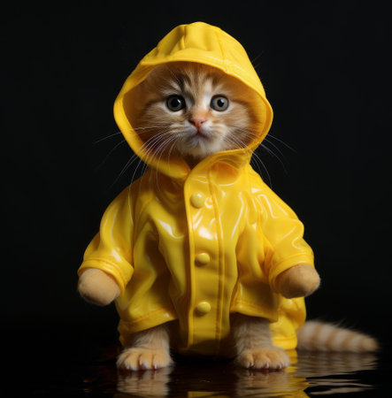 Small cat dressed in a yellow raincoat with a hood. The cat is standing on a reflective surface, and the background is black.の素材
