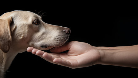 Gentle hand caresses the head of a loving dog in a serene portrait showcasing the bond between human and pet. Generative AI.の素材