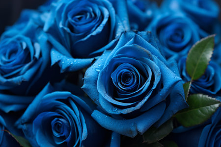 Blue roses arranged beautifully with dewdrops highlighting their vibrant color and delicate petals in a close-up view. Generative AI.の素材