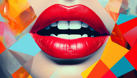 Vibrant close-up of glossy red lips against a colorful abstract background featuring geometric shapes and contrast. Generative AI.の素材