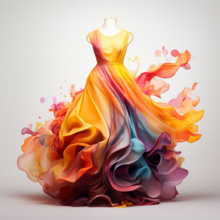 Elegant dress in vibrant colors swirling dramatically against a soft background showcasing fashion design and creativity. Generative AI.の素材